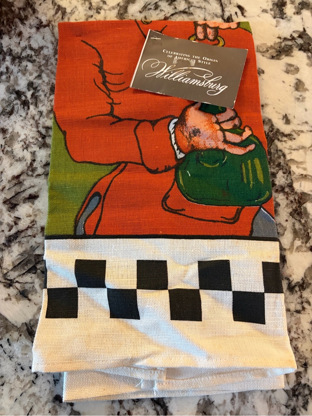 Vintage Kitchen Linen Tea Towel in Orange, Green, Black, and Cream